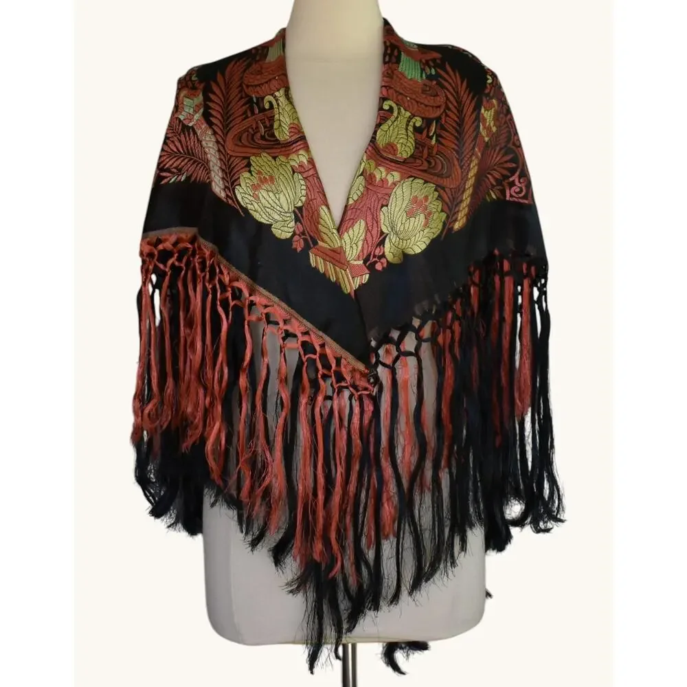 Vintage 40s Black Silk Taj Mahal Piano Shawl Scarf, Fringed Jacquard Brocade